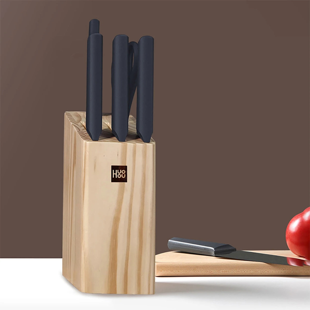 HuoHou Küchenmesserset mit Holzblock – 6-teilig – Edelstahl