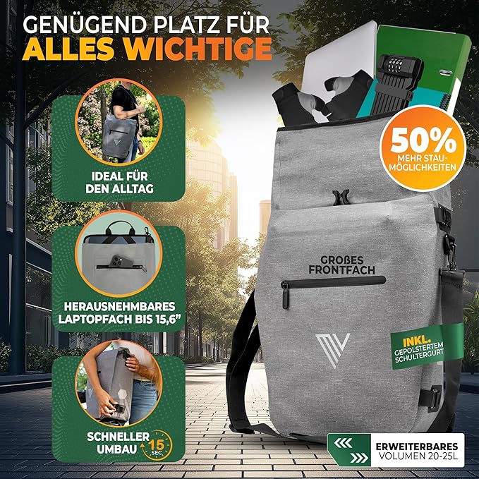 MIVELO Pannier - 3-in-1 Rucksack & Umhängetasche - Wasserdichtes Thermoplastisches Polyurethan - 20 Liter - Grau