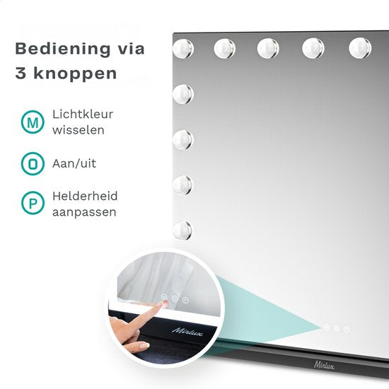 Mirlux Hollywood Mirror 80x60CM - 2 Bluetooth-Lautsprecher - USB & USB-C Ladeanschlüsse - LED-Beleuchtung - Schminkspiegel - 10x Zoom - Aufhängbar - Schwarz