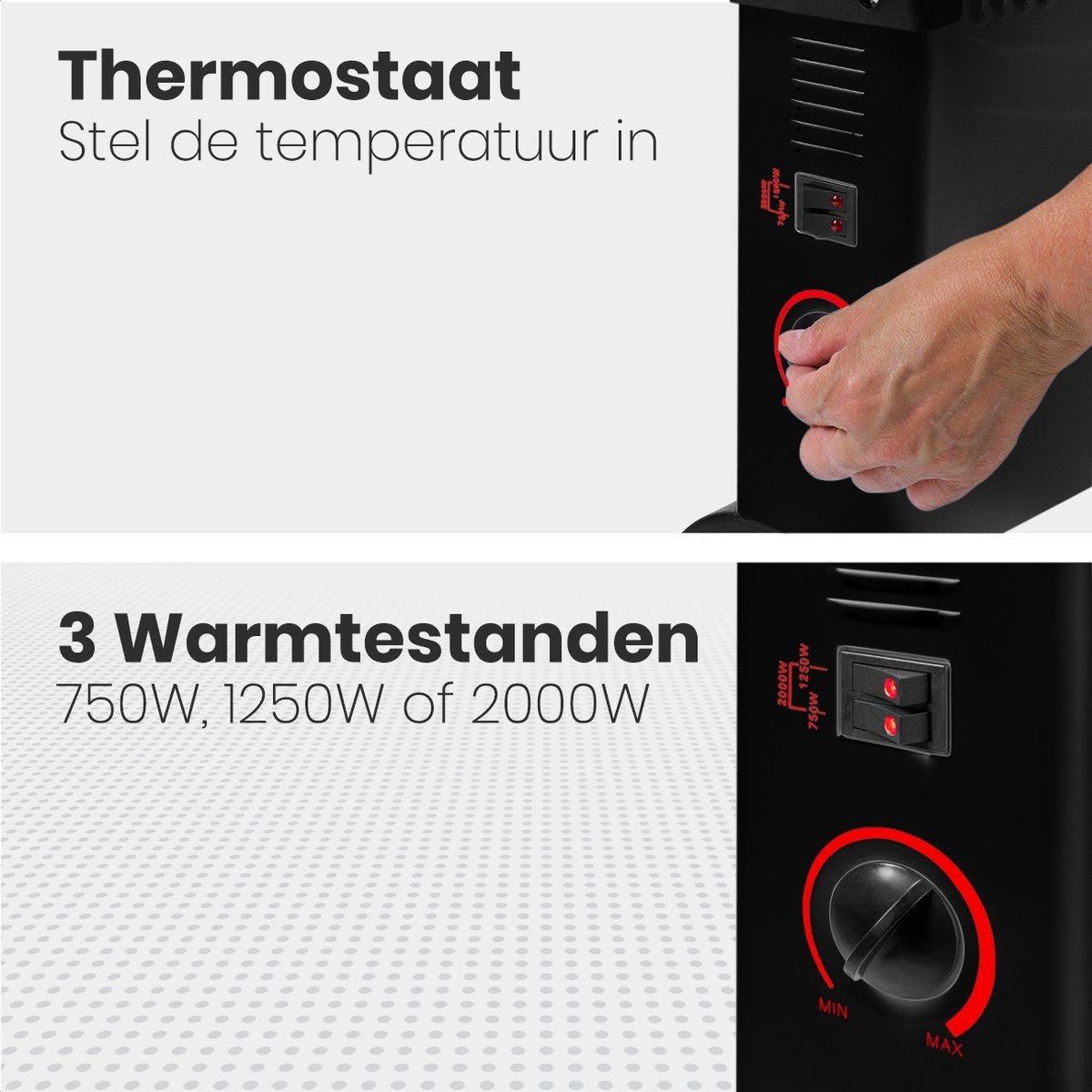 Auronic Elektrokonvektor - 750/1250/2000 Watt - Einstellbarer Thermostat - Schwarz