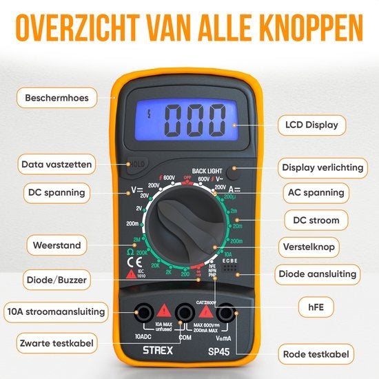 Strex - Digital-Multimeter - AC / DC - inkl. 9V Duracell-Batterie/ Zange & Aufbewahrungskoffer - Schwarz/Orange