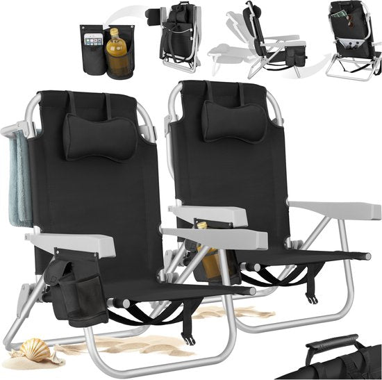 tectake® Beach Chair Coral - faltbarer Campingstuhl mit Kühltasche und Aufbewahrungstasche - 5-fach verstellbare Rückenlehne mit Kopfkissen - breite Armlehnen mit Becherhalter / Telefonhalter - faltbarer Campingstuhl - Schwarz