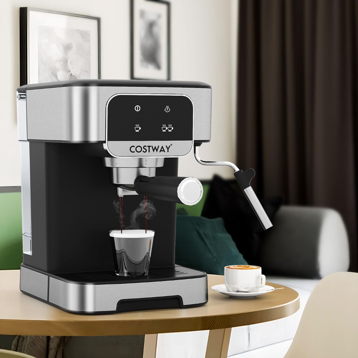Coast Espressomaschine 20 bar 1200 W – Dampf-Milchaufschäumer – 1,8 l Wassertank – Touchscreen – Schwarz/Silber – 26 × 21 × 28 cm