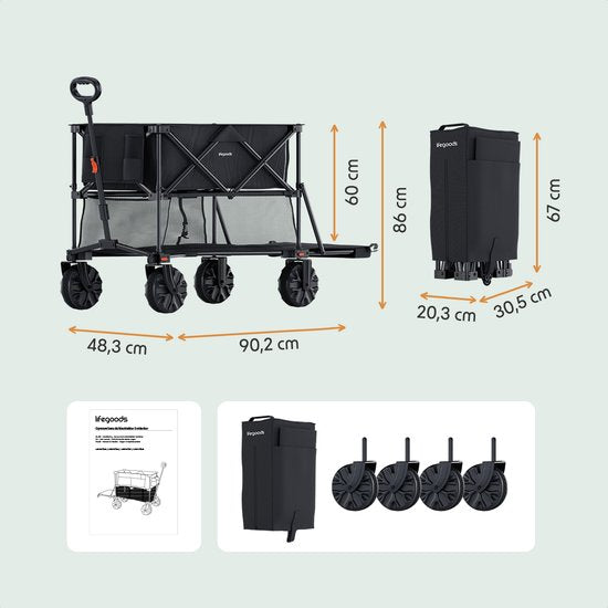 LifeGoods Double Wagon - Faltbarer Wagen - 200KG - 400L - faltbar - mit Schutzhülle - Schwarz