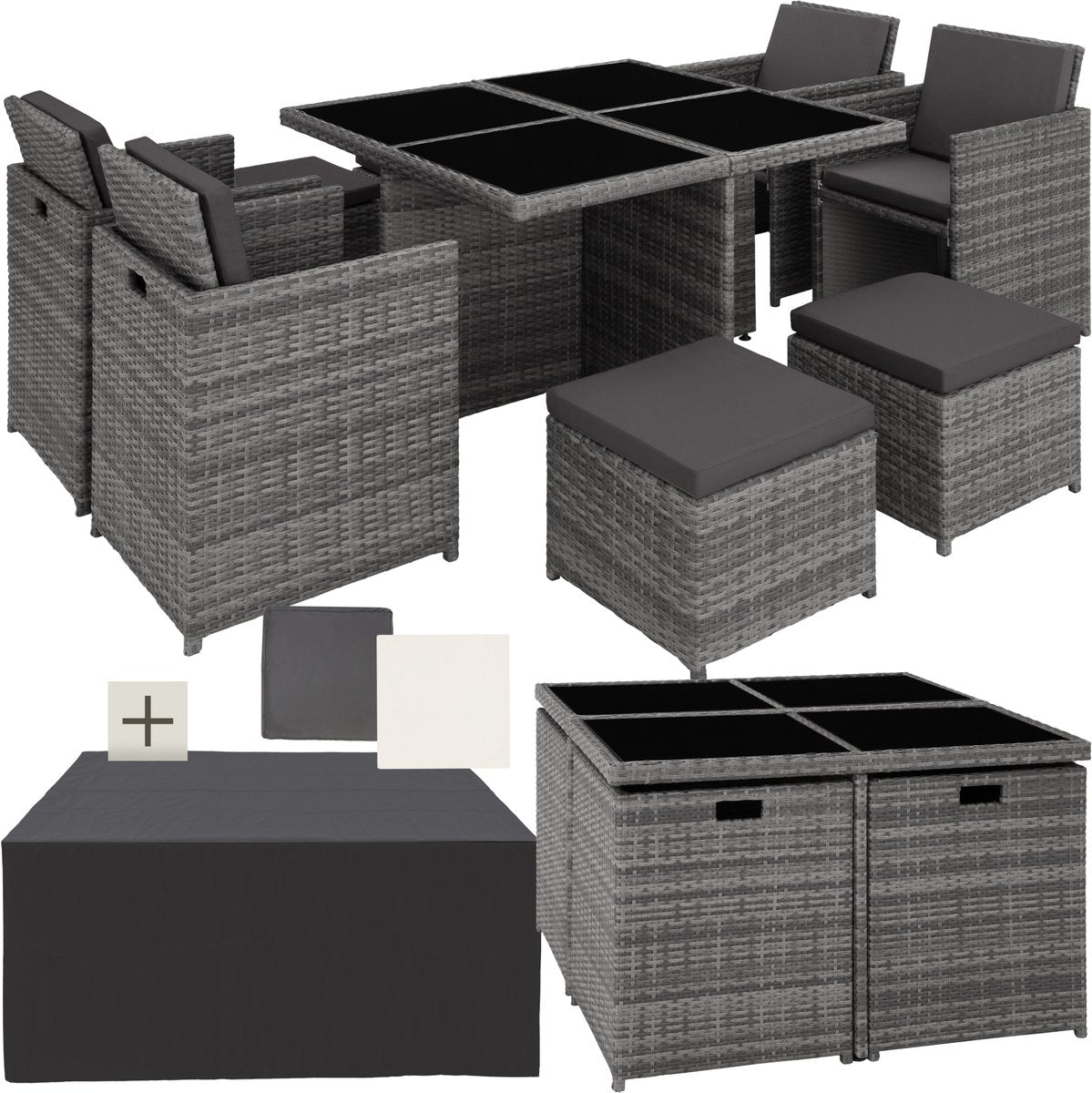 Tectake Korbmöbel-Lounge-Set Manhattan – 4 Stühle, 4 Hocker, Tisch – Grau