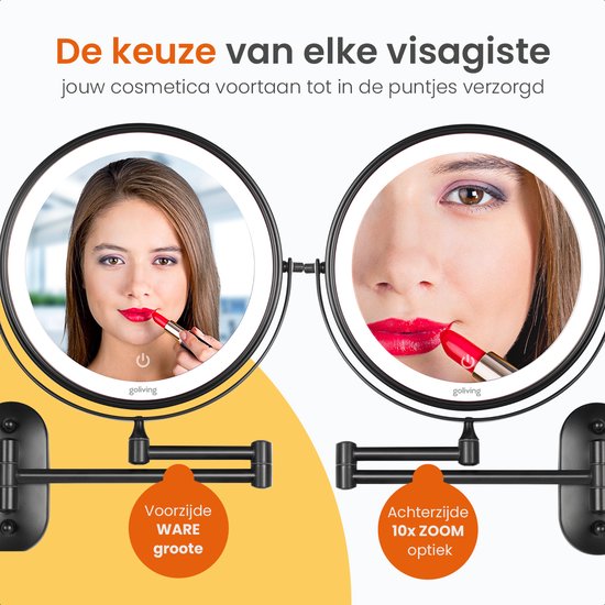 Goliving Make-up-Spiegel mit Beleuchtung - Ø25 cm - 10-fache Vergrößerung - Dimmbarer Make-up-Spiegel - Rasierspiegel - LED-Beleuchtung - USB-C wiederaufladbar - Doppelseitig - 27 x 27 cm - Schwarz