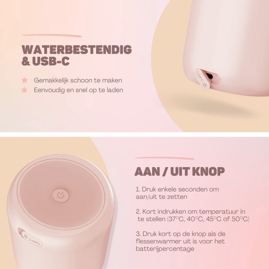 Vulpes Goods® BabyCare - Flaschenwärmer On the Go Pro - Tragbarer Babyflaschenwärmer - Intelligenter Flaschenwärmer - 4 Temperaturstufen - Kabellos - Rosa