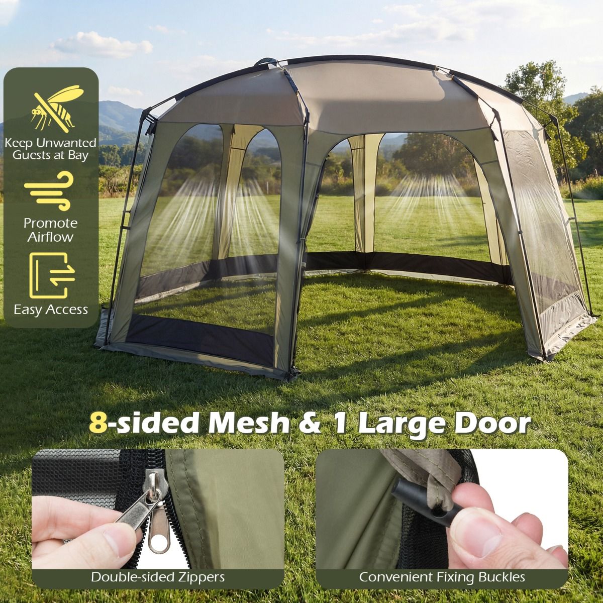 Coast Campingzelt mit Moskitonetz – Zusammenklappbares Gartenzelt für 6 bis 8 Personen – 380 x 355 x 225 cm – Grün/Schwarz