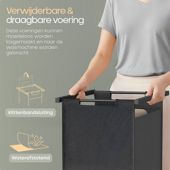 O'DADDY® Wäschekorb 2 Fächer mit Kleiderstange - 92 Liter - Ausziehbarer Wäschesortierer - Wäschekorb - Wäscheständer - Wäschebox - Doppelter Wäschekorb - Schwarz/Braun