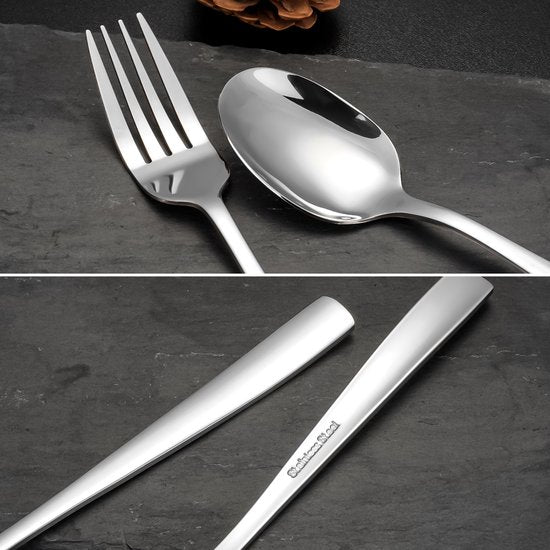 Deleca 8 Personen Besteckset Essential (48 Teile) - Löffel, Messer, Gabeln, Steakmesser & Kuchengabeln - Spülmaschinenfestes Besteck - Glänzend Silber / Edelstahl