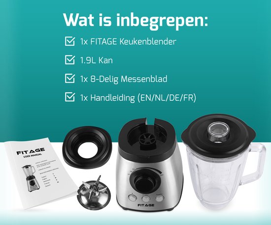 FITAGE Blender - Küchenmixer - 1200W und 1.9L Krug - Smoothie Maker - Mixer für unterwegs