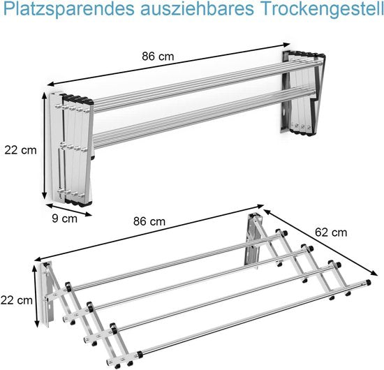 Coast Wandtrockengestell - Wandtrockner - Edelstahl-Auszug mit 8 Stäben - platzsparender Wandtrockner - Belastbarkeit 25 kg, für Hauswirtschaftsraum - Bad