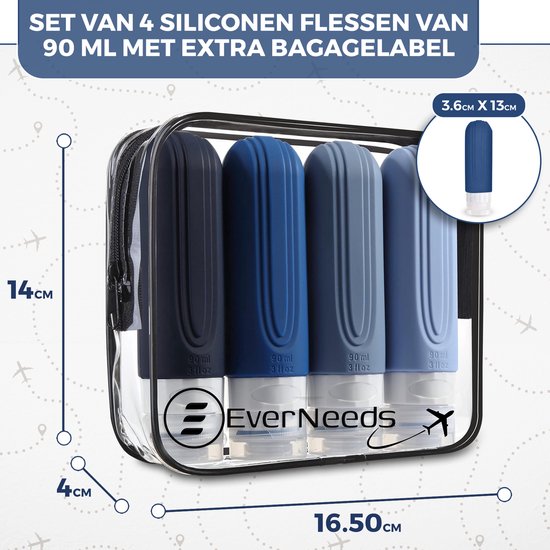 EverNeeds Reiseflaschen mit Etui - Nachfüllbar - Silikon-Reiseflaschen Handgepäck - 4 Stück - Blau