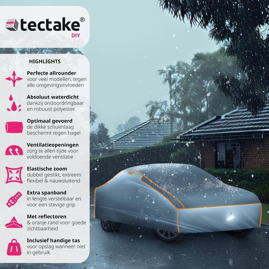 tectake Car Cover - Autoplane - Hagelschutz - Wasserdichte Decke - Atmungsaktiv - Elastische Autogarage - Autozubehör mit Aufbewahrungstasche - Kompatibel mit vielen Modellen - Größe (LxBxH) 406x165x120 cm - Small