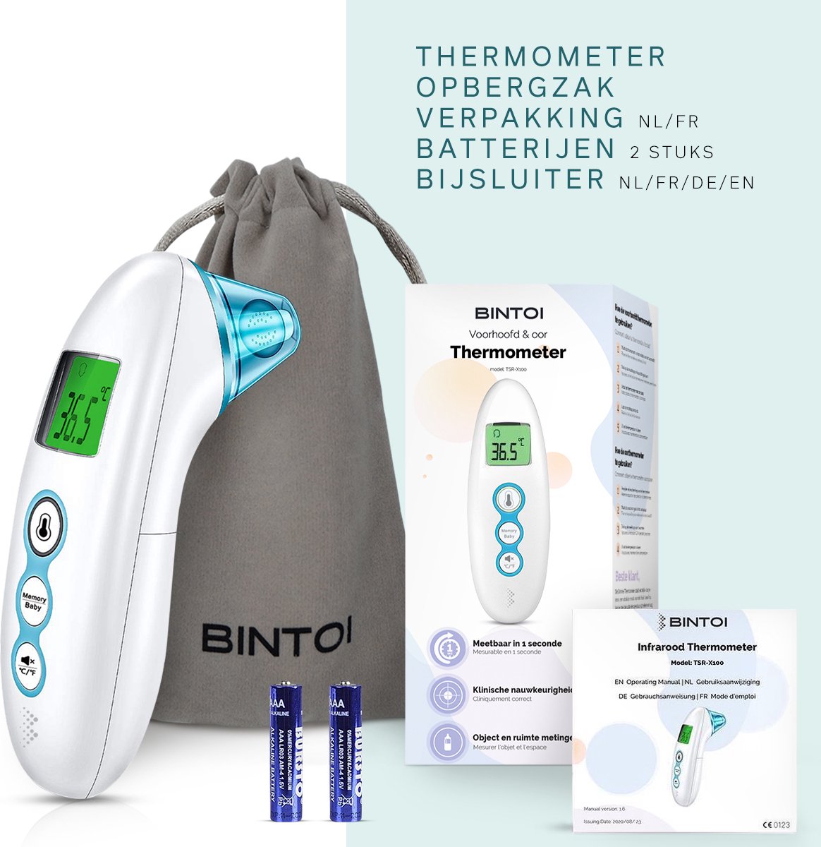 Bintoi® X100 Infrarot-Thermometer - Digitales Ohr- und Stirnthermometer - Fieberthermometer für Babys und Erwachsene - 1-Sekunden-Messung - 3-in-1-Temperaturmesser - inkl. Batterien