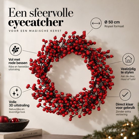 Mica Decorations Weihnachtsdekoration mit roten Beeren – Weihnachtskranz für weihnachtliche Stimmung im Haus – Ø 50 cm aus Schaumstoff – Türkranz für den Innenbereich in der Weihnachtszeit – Rot