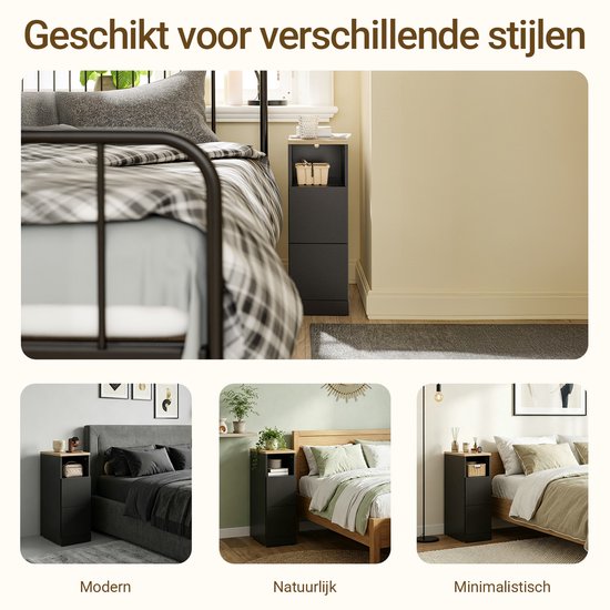 SoBuy Schmaler Nachttisch, schlanker Beistelltisch mit 2 Schubladen und offenem Fach, für Wohnzimmer, Schlafzimmer oder Büro, 20 x 35 x 60 cm, schwarz, FBT149-SCH