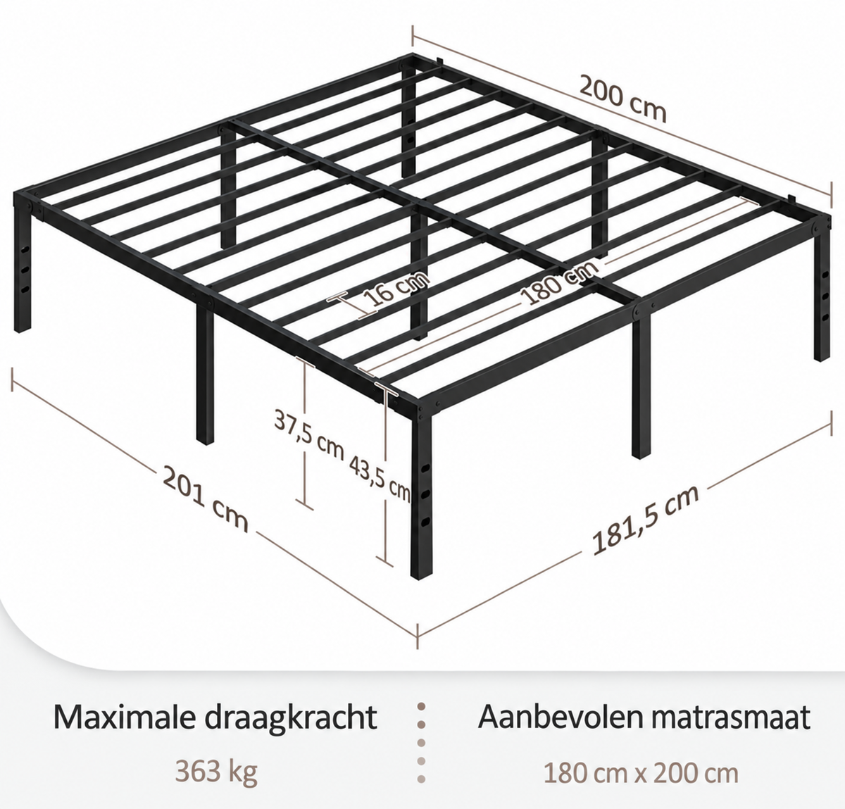 Yaheetech Doppelbett aus Metall – Schwarz – 201 x 181 x 41,5 cm – Matratze 180 x 200 cm, mit Lattenrost