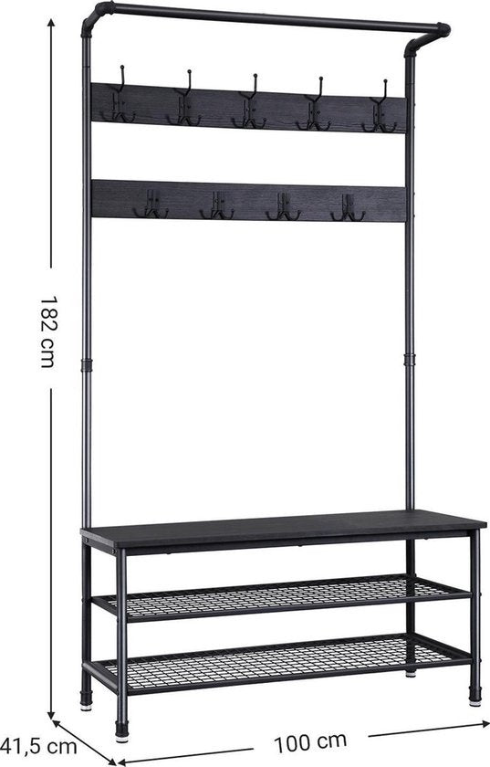 Goliving Garderobe XL - Garderobenständer - Schuhablage - Stehend - Industrieschrank - Metall/Holz - 100 x 41,5 x 182 cm - Schwarz