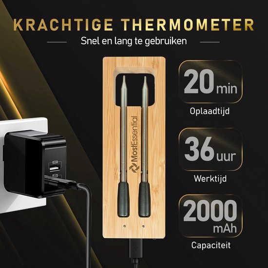MostEssential Smart Meat Thermometer - Drahtlos - 80M Reichweite - 36 Stunden Betriebszeit - Bluetooth 5.2 - 2000mAh Batterie - Doppelsonde Edition
