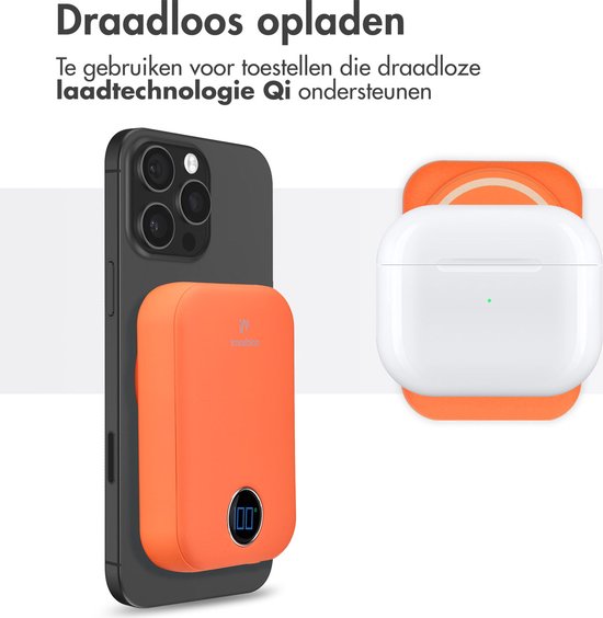 imoshion Powerbank 10000 mAh - Geeignet für MagSafe - Schnellladegerät 22,5W - LED-Anzeige - USB C & USB A - Drahtlose Powerbank Geeignet für Apple iPhone 12/13/14/15/16 - Orange
