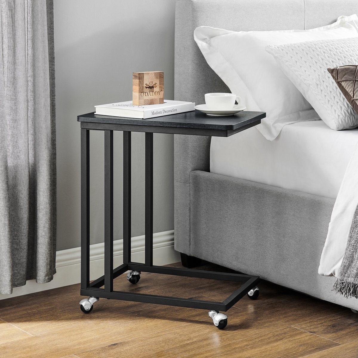 O'DADDY® Beistelltisch - Beistelltische - Beistelltisch Metall mit Holz - Beistelltisch - Couchtische - Beistelltisch schwarz - Nachttisch mit Rollen - Beistelltisch Rollen - Beistelltisch - Beistelltische mit Rollen - 50 x 35 x 55 cm - schwarz - grau