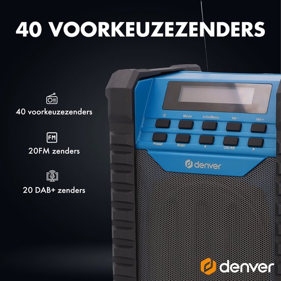 Denver Construction Radio DAB - Bluetooth - mit Akku - AUX - FM - USB-C - spritzwassergeschützt - WRD60