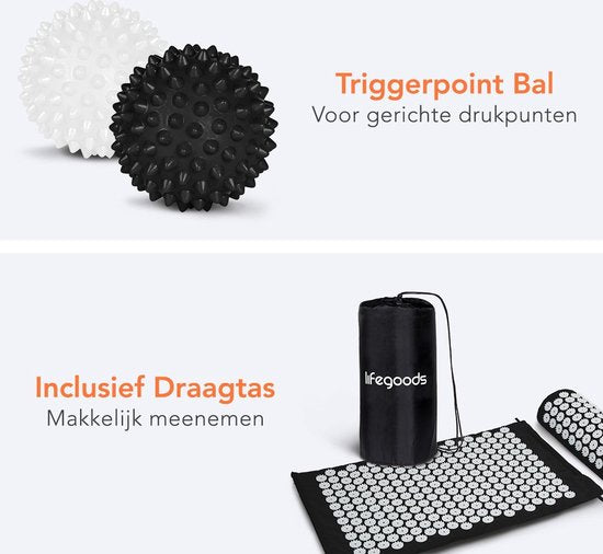 LifeGoods Akupressurmatte mit Kissen - Shakti Matte - Nagelmatte inkl. 2x Triggerpunkt Ball - 66x40x2cm - Schwarz/Weiß