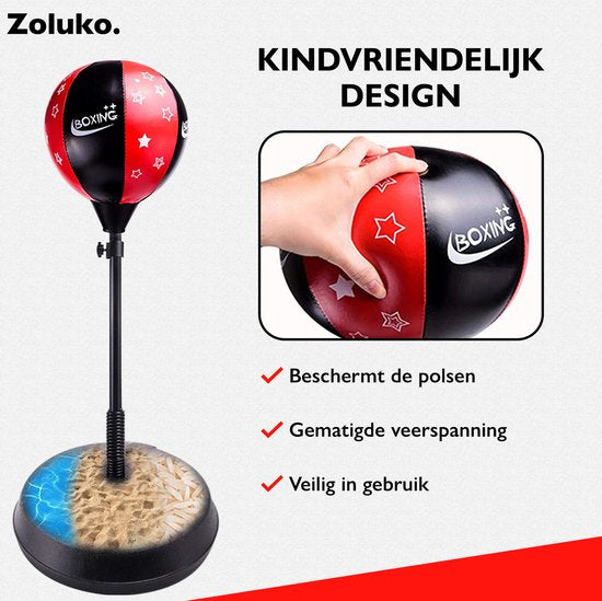 Zoluko Boxball auf Fuß für Kinder - Inkl. Boxhandschuhe und aufblasbare Pumpe - Höhenverstellbar - Für drinnen und draußen - Boxball auf Ständer - Boxtrainer - Boxstange - Boxset Kinder - Boxball stehend - Boxen - Heimsport - Schwarz/Rot