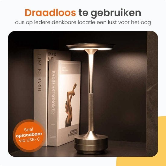 Goliving Tischlampe Wiederaufladbar - Kabellos und dimmbar - Moderne Touch-Lampe - Nachtlampe für das Schlafzimmer - Spritzwassergeschützt - 27 cm - Silber