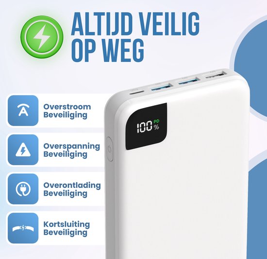Strex Powerbank White - 27.000 mAh - 22,5W Schnellladegerät - USB-A/USB-C - LED-Anzeige - Universal Powerbank u.a. geeignet für iOS/Android