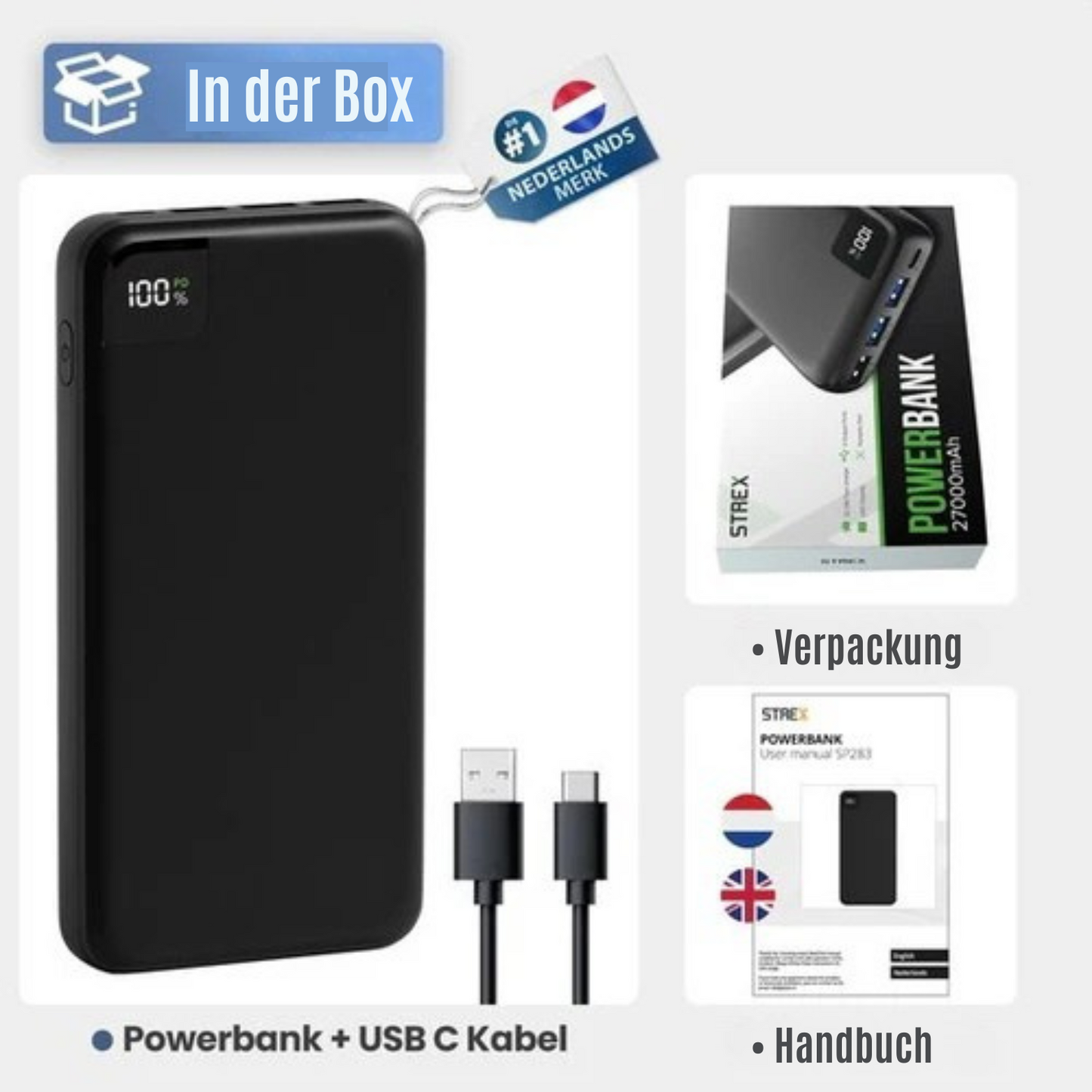 Strex - Powerbank - 27.000 mAh - 22.5W Schnellader - USB-A/USB-C - Universelle Powerbank für u.a. iPhone/Samsung - Schwarz
