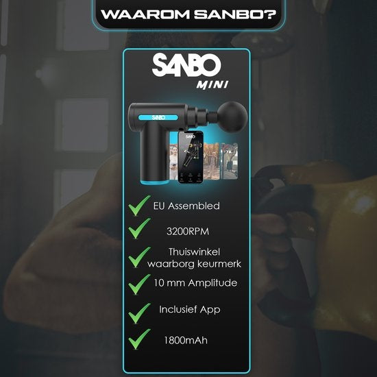 Sanbo Massage Gun Mini - Sport- und Entspannungsmassagegerät - Leistungsstark - Kabellos - Inklusive Koffer - Mit 5 Aufsätzen - Schwarz/Blau - Massage Gun Professional