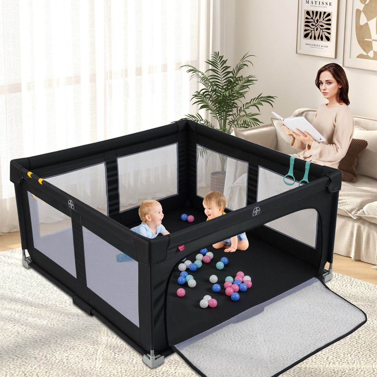 coast baby walker 150 x 150 cm - Faltbares Spielgitter mit 50 Bällen, 4 Griffen & Reißverschlusstür - Schwarz