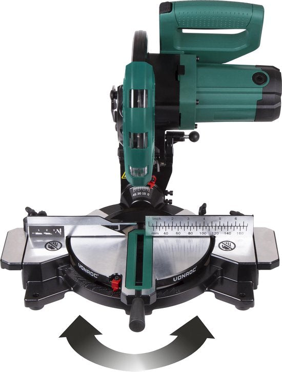 VONROC Kappsäge - Gehrungssäge - 1700W - Ø216MM - 4900 /min - Mit Laser, Tischverlängerung & Tiefeneinstellung - Inklusive Sägeblatt und Werkstückspanner