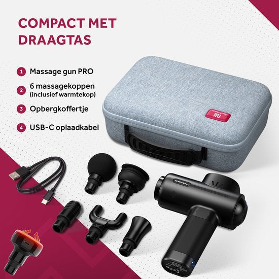 Northwall Massage Gun Professional PRO - Massagepistole mit Etui und 6 Aufsätzen, einschließlich Wärmemassagekopf - Leistungsstarkes und kabelloses Sport- und Entspannungsmassagegerät