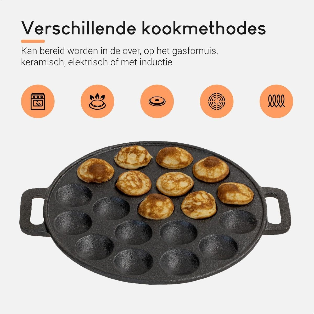 Ocina Poffertjes-Pfanne - Combo-Pack - 19 Poffertjes - Poffertjes-Maschine - Poffertjes-Pfanne Induktion - Poffertjes-Pfanne elektrisch - Gusseisenpfanne - Inklusive Spenderflasche, Griffe, 6x Poffertjes-Gabeln und Fettbürste - Gratis-Rezeptbuch