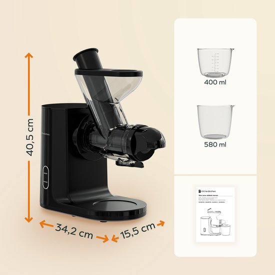 KitchenBrothers Slowjuicer - Entsafter - Gemüse- und Obstpresse - 43 mm und 60 mm Einfüllöffnung - 400 ml - Schwarz