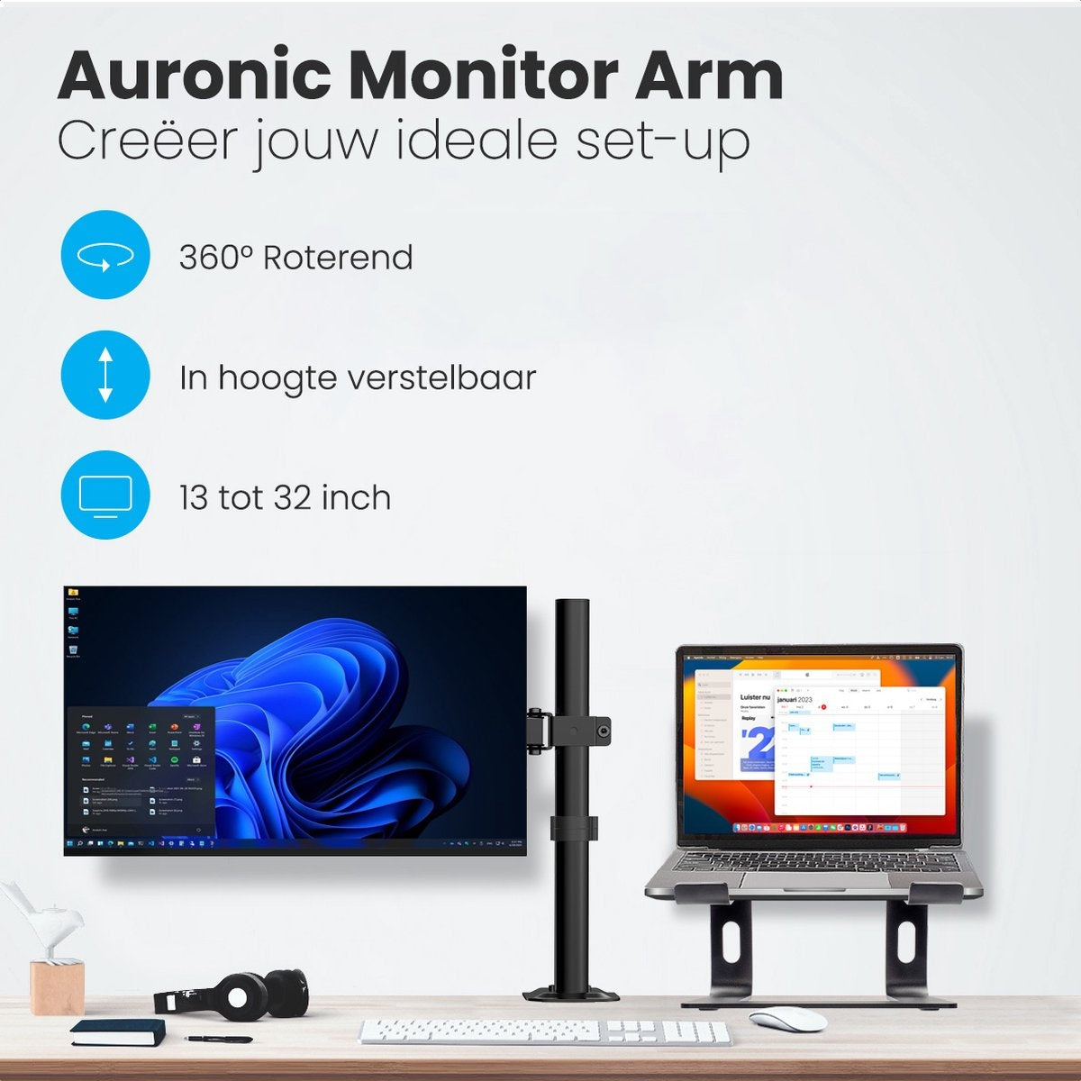 Auronic Monitorarm - 1 Bildschirm - 13 bis 32 Zoll - Verstellbar - Stahl - Schwarz