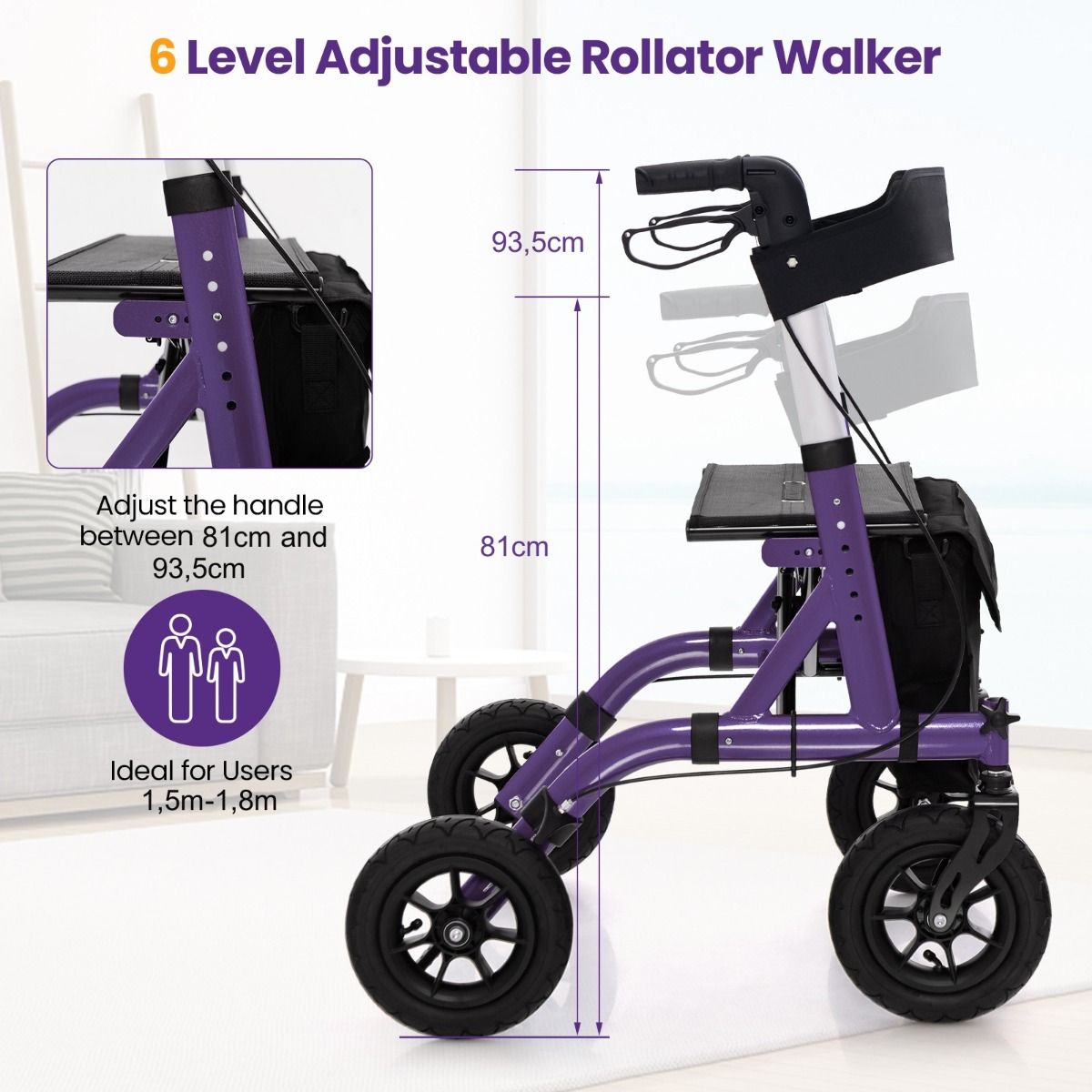 Coast Faltbarer Rollator mit Sitz – 2-in-1-Rollstuhl und Gehhilfe – 6-fach höhenverstellbar – lila