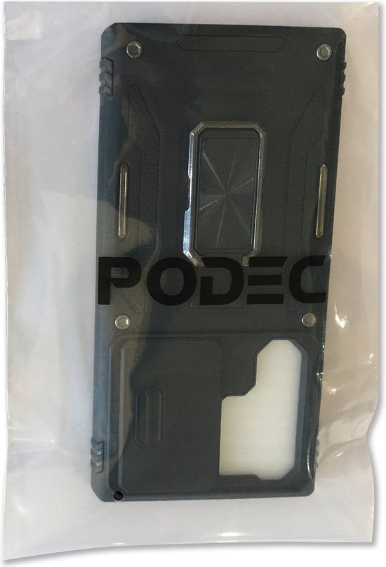 Podec Case mit Displayschutzfolie - Geeignet für Samsung Galaxy S23 Ultra - Schwarzes Handy Case - Anti-Shock Case - Hybrid Armor Case mit Kickstand Ring