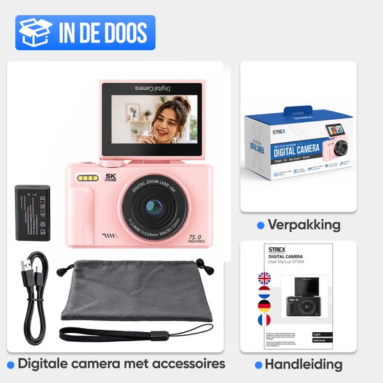 Strex Digitalkamera 5K 75 MP – Fotokamera – Kompaktkamera mit WLAN – Vlog-Kamera – Fotokamera für Kinder – 18-facher Zoom – schwenkbares Display – Rosa