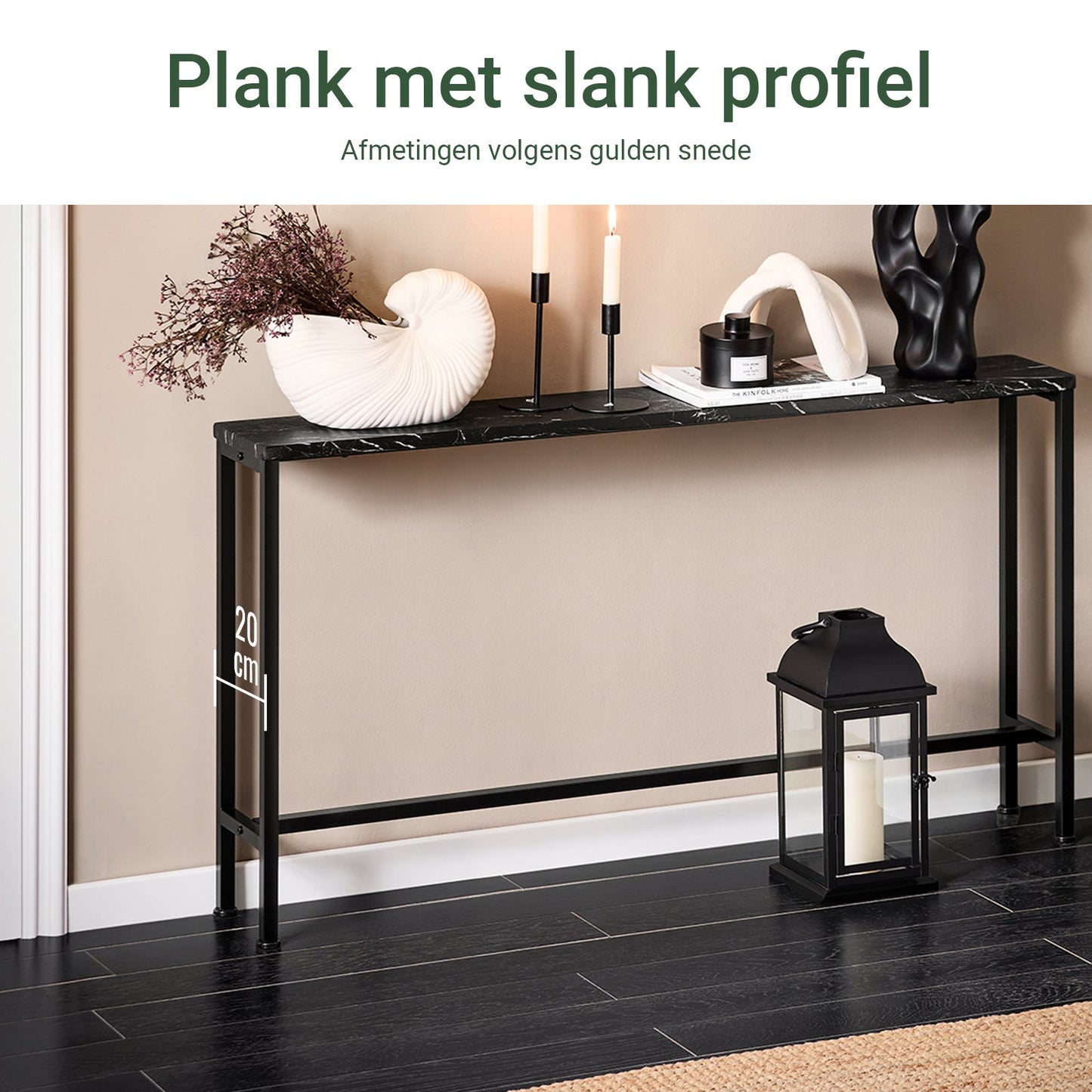 Sobuy Konsolentisch FSB19 SCH Beistelltisch – 120 cm lang, mit Tischplatte in Marmoroptik, schwarzem Metallgestell und Bodenschonern – für Flur und Wohnzimmer – Holz und Metall – 120 x 20 x 65 cm