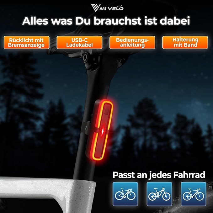 Fahrrad Rücklicht mit Bremslicht – StVZO geprüft – USB-C Akku – IPX5 Wasserdicht – Für Rennrad, MTB & Gravelbike