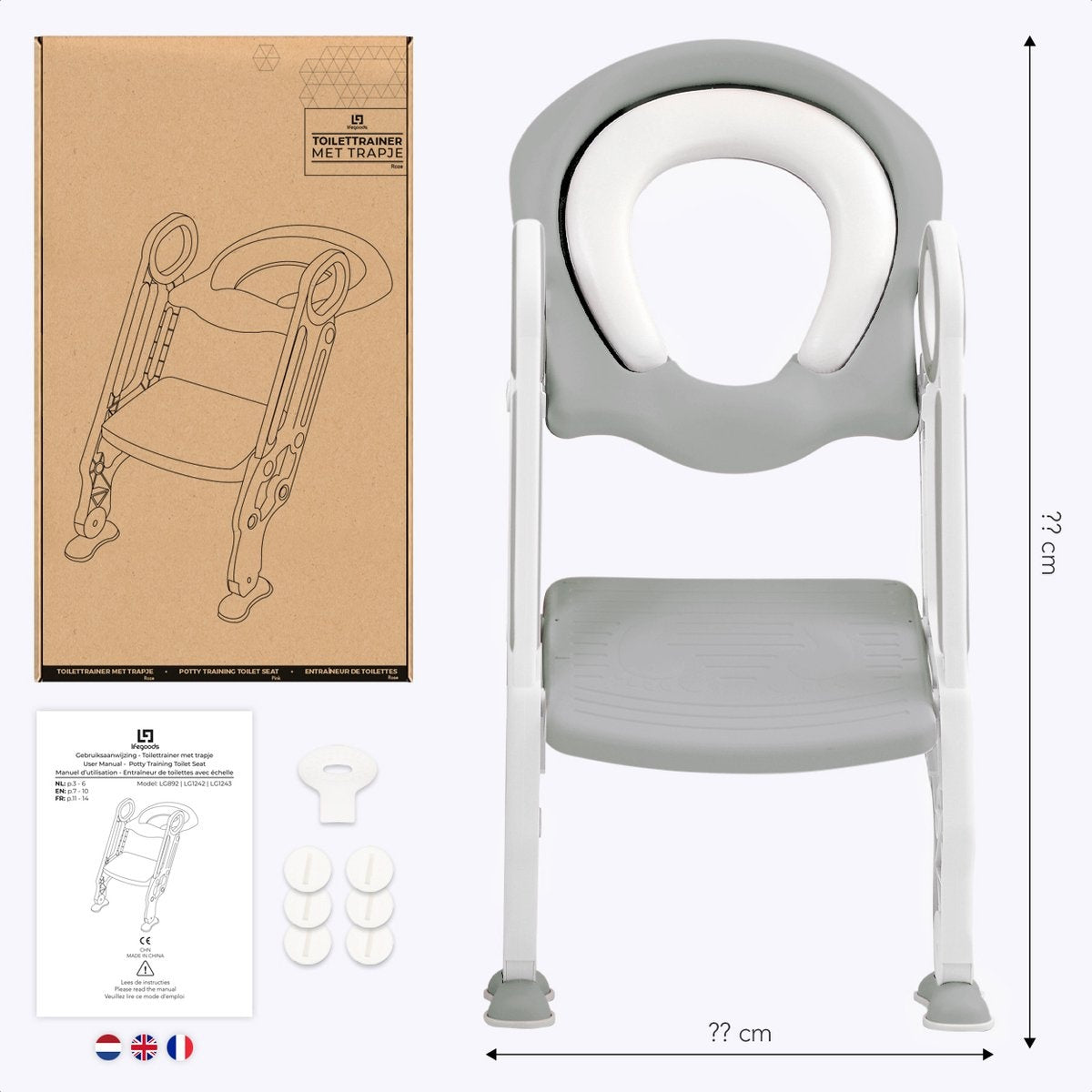 LifeGoods Toilettensitzverkleinerer - Toilettentrainer mit Treppe - Töpfchen Kleinkind - 2 bis 7 Jahre - Grau/Weiß