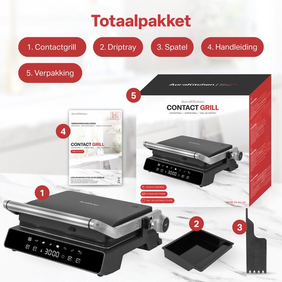 AoraKitchen Kontaktgrill - 180º ausklappbar - Grillgerät mit abnehmbaren Platten - 7 Ständer - Sandwich- und Panini-Eisen - 2000W