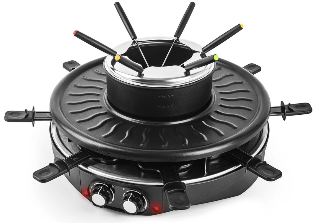 Saaf 2-in-1 Gourmet- & Fondue Set – Tischgrill für 8 Personen – 1,8 L – 1800W – Inkl. 8 Pfannen & Fonduegabeln – Schwarz
