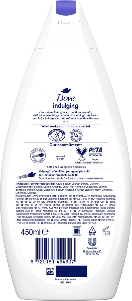 Dove Caring Bath Indulging Cream Badecreme – Feuchtigkeitsspendender Badeschaum – 6 x 450 ml – Vorteilspackung