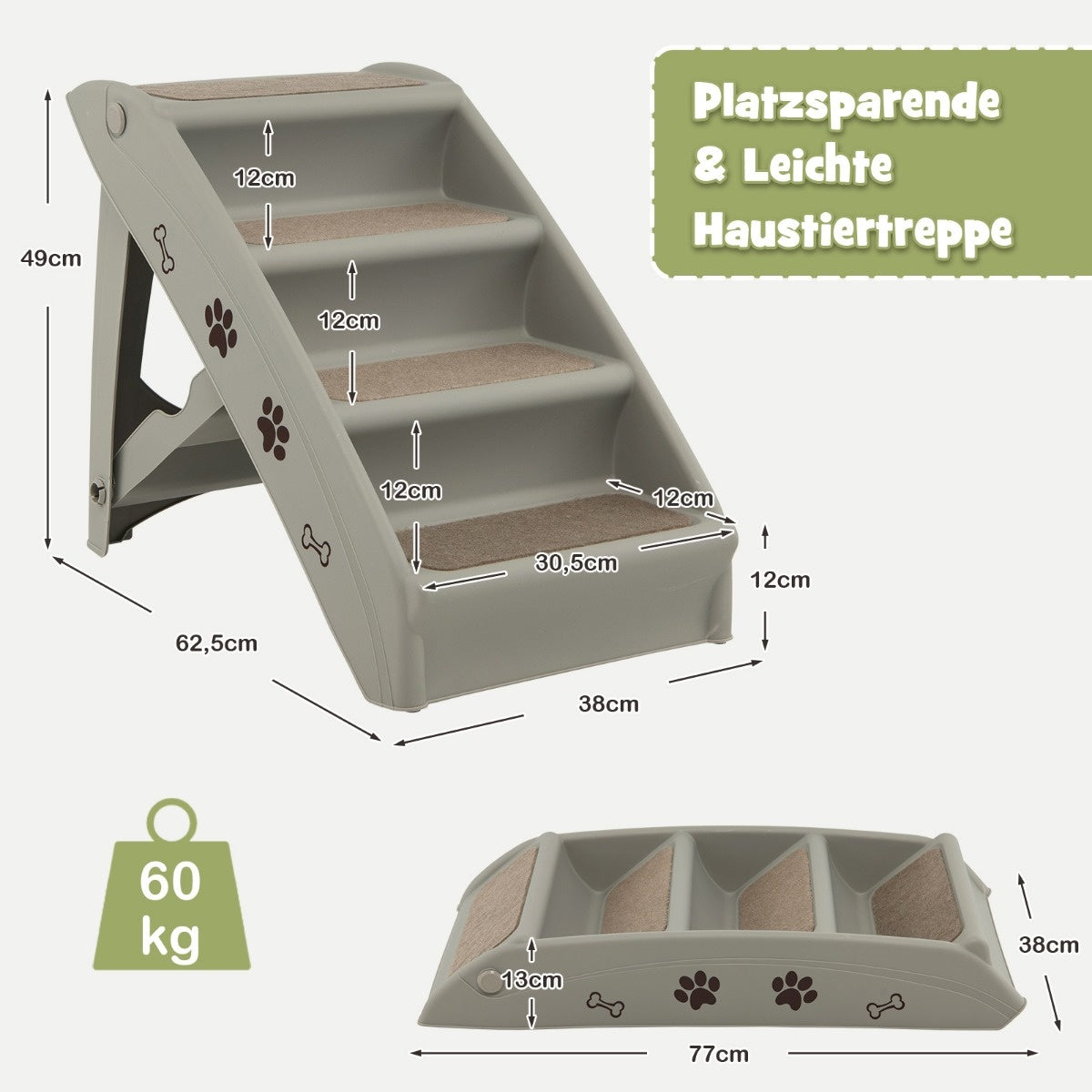 Coast Pet Treppe mit 4 Stufen tragbare Kletterleiter sicher hundert Hang 62,5 x 38 x 49 cm grau