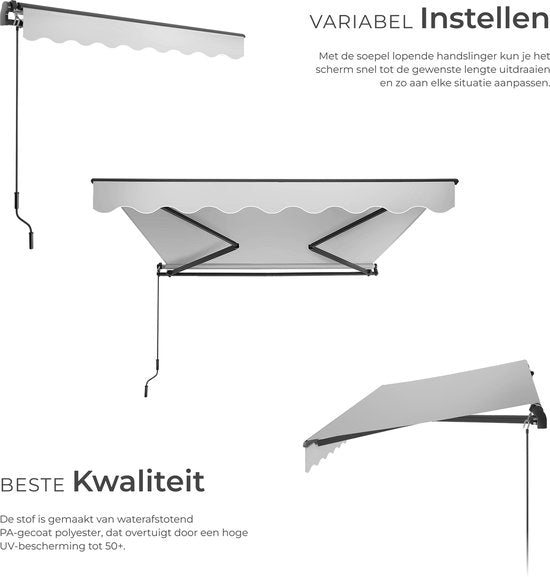 tectake® Sonnenschirm mit Gelenkarm - 250 x 200 cm - Markise - Sonnenschutz für Fenster, Balkon, Außenbereich - Wandmontage - Wasser- und UV-beständig - Hellgrau